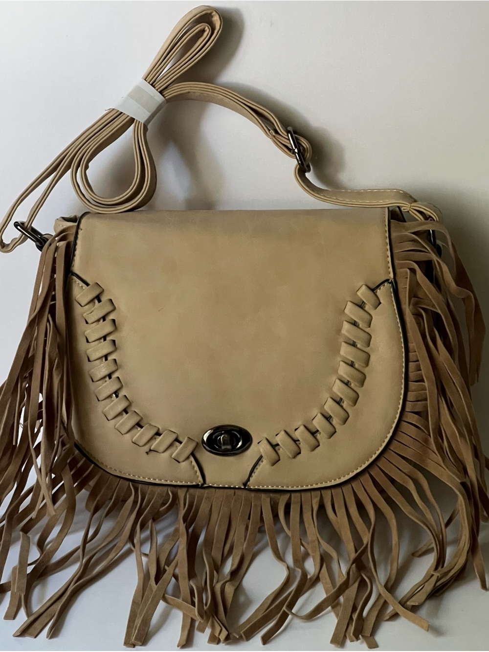 Heritage West New Fringe Crossbody Saddle Bag in Tan